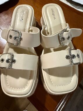 Indigo Cream Double-Buckle Slide Sandals